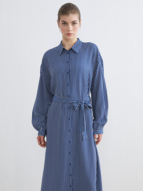 LCW Modest فستان قميص مخطط بأكمام منفوخة مع حزام