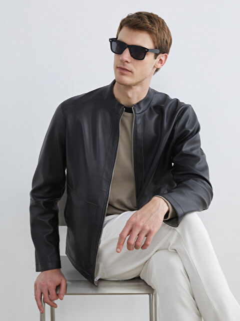 SOUTHBLUE Standart Kalıp Dik Yaka Erkek Deri Görünümlü Mont - S65211Z8-S0L