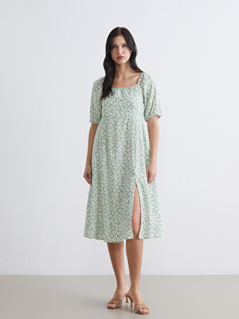 LCW Comfort шаршы жағалы гүлді өрнек қимасы бар көйлек