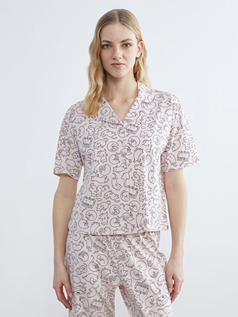 LCW DREAM Gömlek Yaka Kedi Baskılı Kadın Pijama Üstü - S65337Z8-LT4