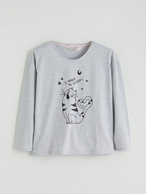 LCW DREAM Bisiklet Yaka Kedi Baskılı Kadın Pijama Üstü - S65595Z8-CT3