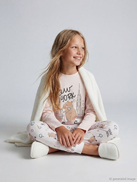 LCW Kids Bisiklet Yaka New York Baskılı Kız Çocuk Pijama Takım - S65745Z4-JM1