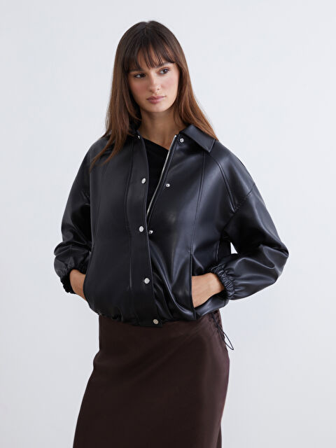 LCW Vision Gömlek Yaka Oversize Kadın Deri Görünümlü Ceket - S66082Z8-CVL