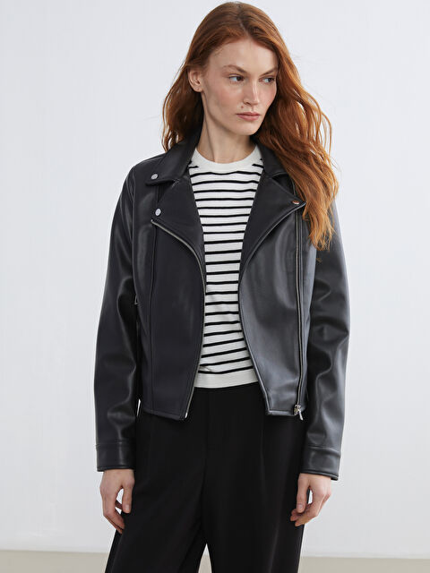 LCW Vision Biker Yaka Kadın Deri Görünümlü Ceket - S66086Z8-CVL