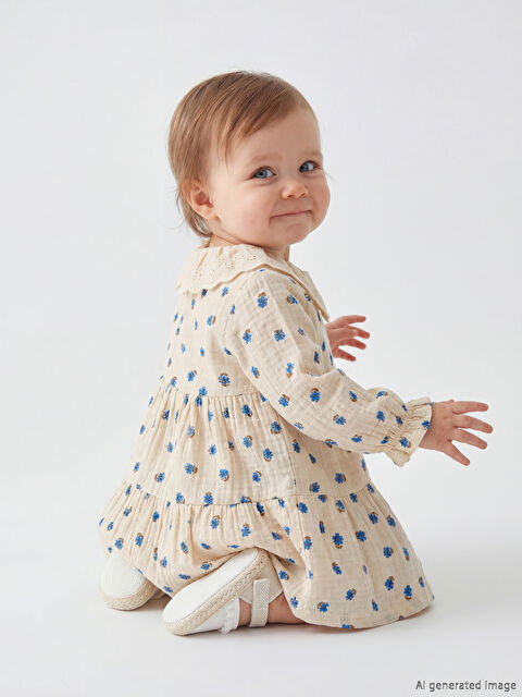 LCW baby Bebe Yaka Çiçek Desenli Kız Bebek Elbise