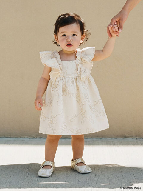 LCW baby Kare Yaka Nakışlı Fırfırlı Kız Bebek Elbise