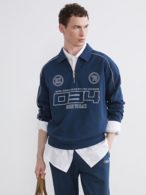 XSIDE Fermuarlı Polo Yaka Baskılı Erkek Sweatshirt