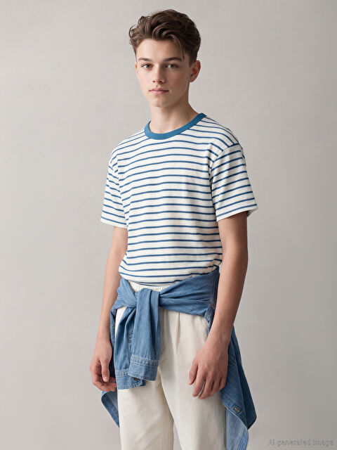 LCW Kids Bisiklet Yaka Çizgili Erkek Çocuk Tişört