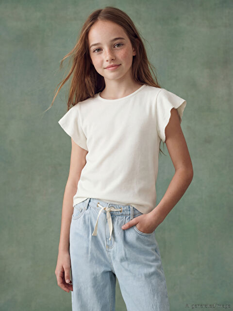 LCW Kids Crew Neck Frill Sleeve Girls' T-Shirt