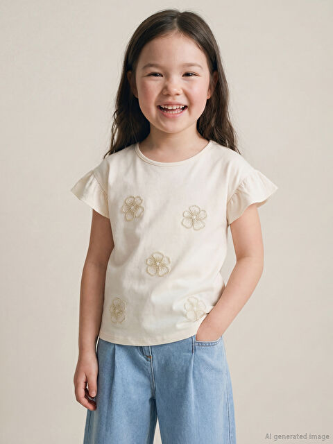 LCW Kids Çiçek İşlemeli Kız Çocuk Tişört  - S67275Z1-FRC