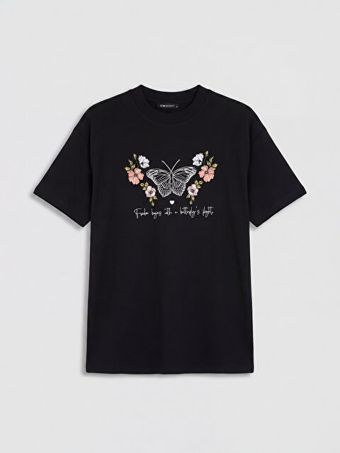 LCW Modest Bisiklet Yaka Baskılı Kadın Tişört