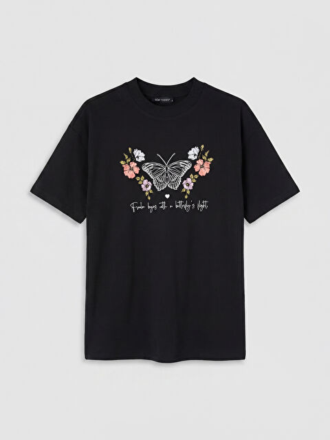 LCW Modest Bisiklet Yaka Baskılı Kadın Tişört