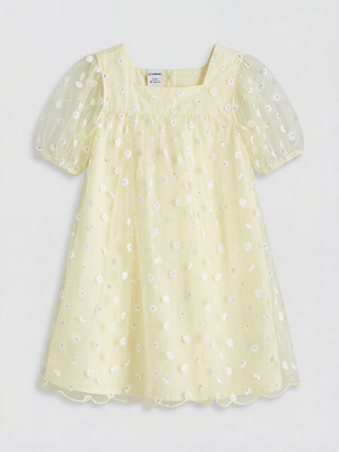 LCW Kids Kare Yaka Papatya Baskılı Kız Çocuk Tül Elbise	 - S67724Z1-LUG