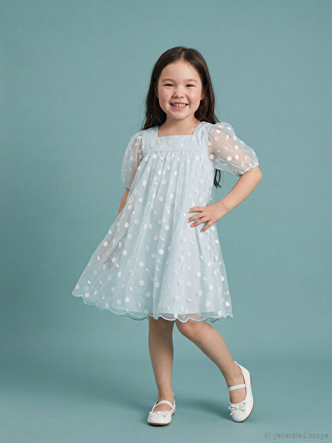 LCW Kids Kare Yaka Papatya Baskılı Kız Çocuk Tül Elbise	 - S67724Z1-LQQ