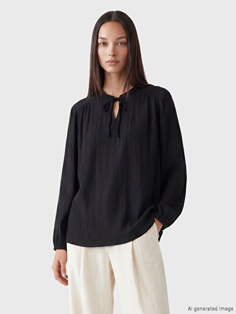 LCW EVERYDAY Women's Grandad Collar Long Sleeve Bow Blouse