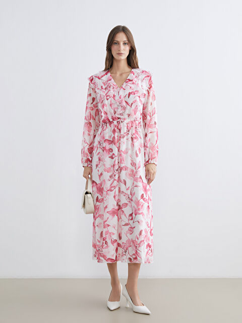 LCWAIKIKI Classic V Neck Floral Frilled Chiffon Dress - S67793Z8-F9C