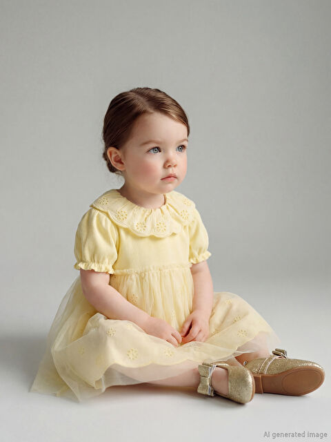 LCW baby Tül Detaylı Bebe Yaka Kız Bebek Elbise - S67855Z1-YWD