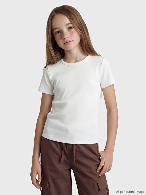 LCW Kids Bisiklet Yaka Kız Çocuk Fitilli Tişört