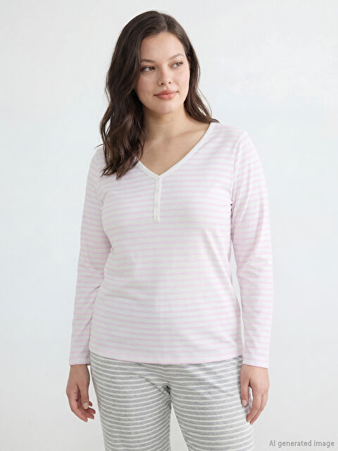 LCW DREAM Striped V-Neck Women's Pajama Top - S67979Z8-LT4