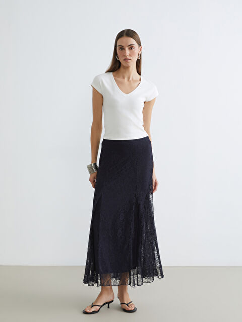 LCW STUDIO Women's Elastic Waist Lace A-Line Skirt - S68265Z8-R4J