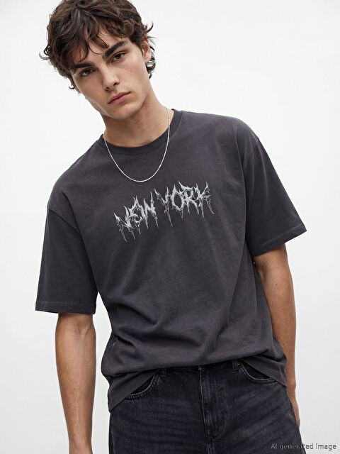 XSIDE Bisiklet Yaka New York Baskılı Erkek Tişört - S68585Z8-HGG