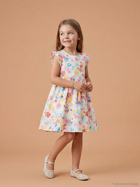 LCW Kids Bisiklet Yaka Çiçekli Kız Çocuk Elbise