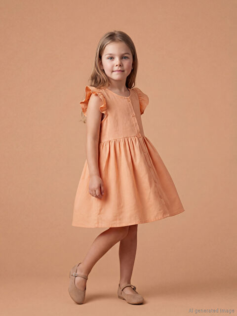 LCW Kids Kız Çocuk Fırfırlı Keten Görünümlü Elbise
