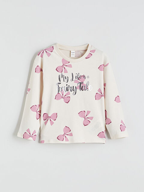 LCW Kids Bisiklet Yaka Fiyonk Baskılı Kız Çocuk Tişört - S68967Z1-LRB