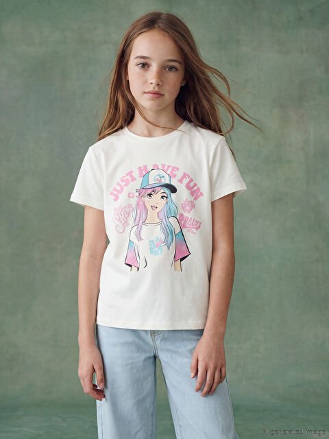 LCW Kids Bisiklet Yaka Baskılı Kız Çocuk Tişört