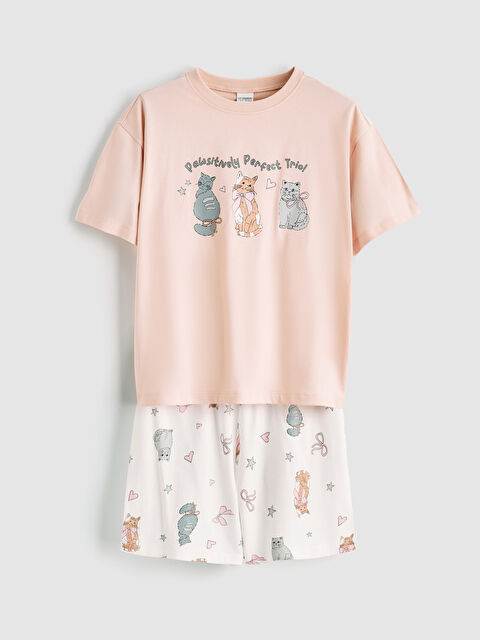 LCW Kids Cat Print Girls' Shortie Pyjamas Set - S69701Z4-G0X