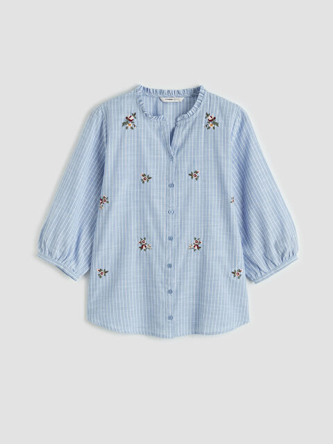 LCW Grace Fırfırlı Kaçık Yaka Çizgili Kadın Gömlek - S69771Z8-LEN