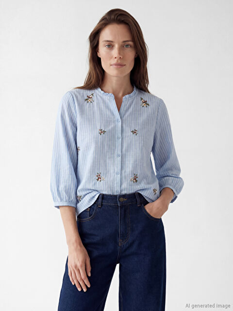 LCW Grace Fırfırlı Kaçık Yaka Çizgili Kadın Gömlek - S69771Z8-LEN