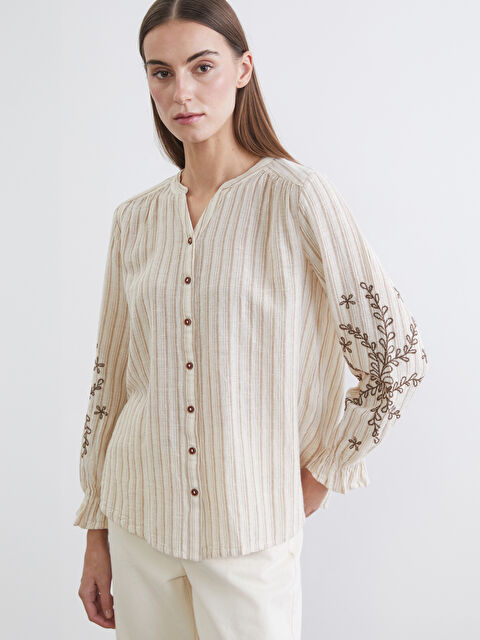 LCW Grace Kaçık Yaka Çizgili Keten Karışımlı Kadın Gömlek - S69834Z8-LEW