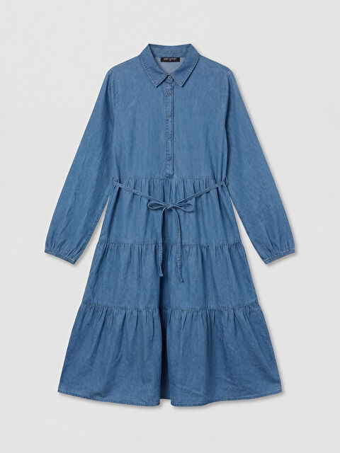 LCW Comfort Джинсовое платье для женщин с рубашечным воротником, ярусной отделкой и длинными рукавами