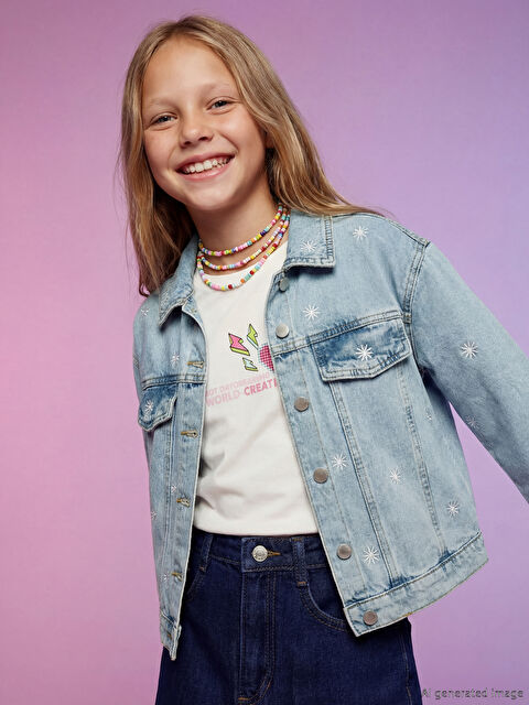 LCW Kids Çiçek Nakışlı Kız Çocuk Jean Ceket - S6AA82Z4-V2T