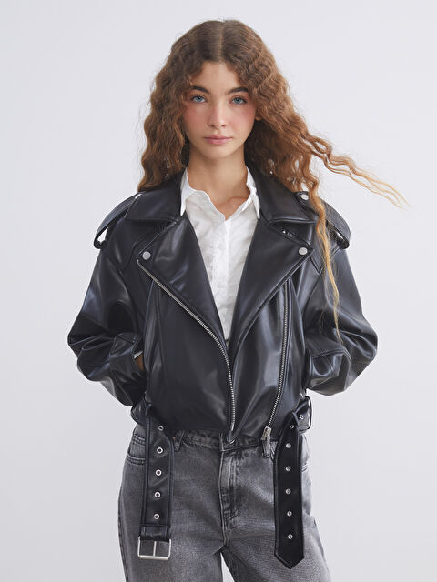 XSIDE Biker Yaka Crop Kadın Deri Görünümlü Ceket - S6AB96Z8-CVL