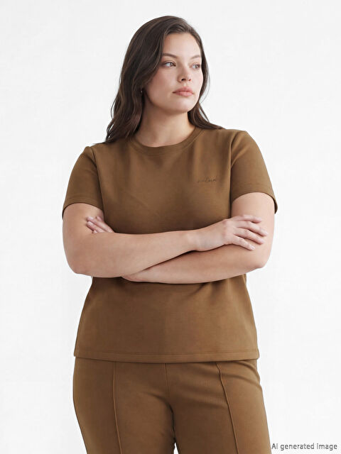 LCW Vision Embroidered soft-touch women's T-shirt with a crew neck. - S6AC88Z8-V73