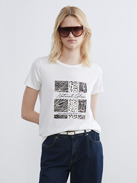 LCWAIKIKI Classic Bisiklet Yaka Baskılı Kadın Tişört - S6AF45Z8-FEW