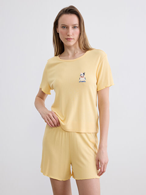 LCW DREAM Bisiklet Yaka Nakışlı Kadın Şortlu Pijama Takımı - S6AO13Z8-FUS