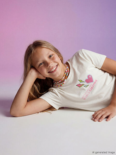 LCW Kids Bisiklet Yaka Baskılı Kız Çocuk Tişört 2'li - S6AO47Z4-FFB