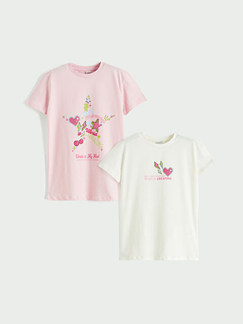 LCW Kids Bisiklet Yaka Baskılı Kız Çocuk Tişört 2'li - S6AO47Z4-FFB