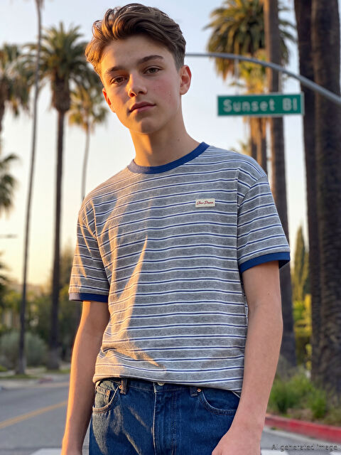 LCW Kids Bisiklet Yaka Çizgili Erkek Çocuk Tişört