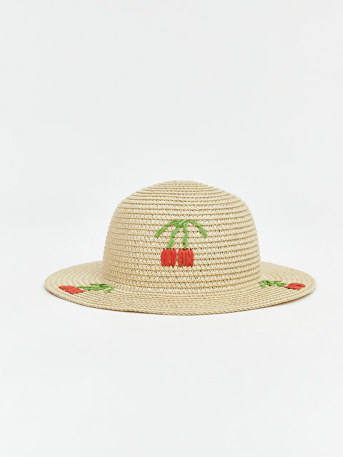 LCW ACCESSORIES Kiraz Nakışlı Hasır Kız Bebek Şapka