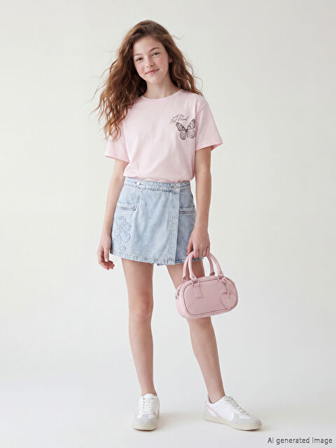 LCW Kids Kalp Nakışlı Kız Çocuk Jean Şort Etek