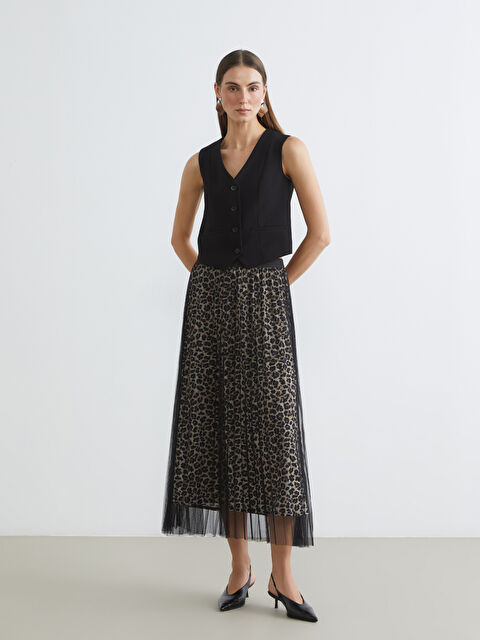 LCW STUDIO Elastic Waist Leopard Print A-Line Pleated Skirt - S6BG13Z8-LQY