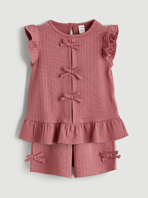 LCW Kids Set de bluză și pantaloni scurți pentru fete cu detaliu fundiță - S6BG20Z1-GRU