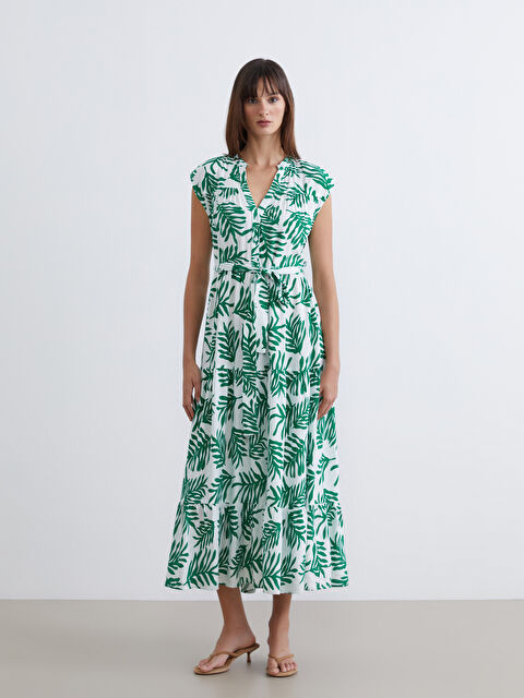 LCW Vision Kaçık Yaka Desenli Beli Kuşaklı Elbise