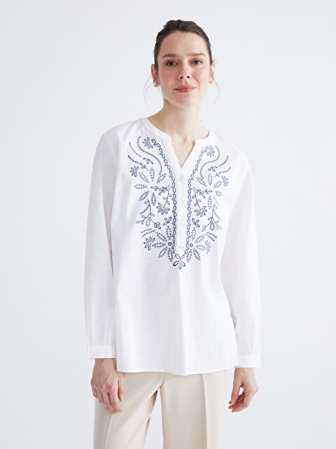 LCW Grace Notch Neck Embroidered Blouse - S6BQ79Z8-FFB