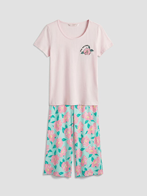 LCW DREAM Bisiklet Yaka Çiçekli Kadın Kaprili Pijama Takımı - S6BS12Z8-LU2