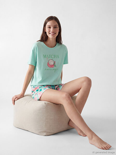 LCW DREAM Bisiklet Yaka Baskılı Kadın Şortlu Pijama Takımı - S6BS22Z8-LU2